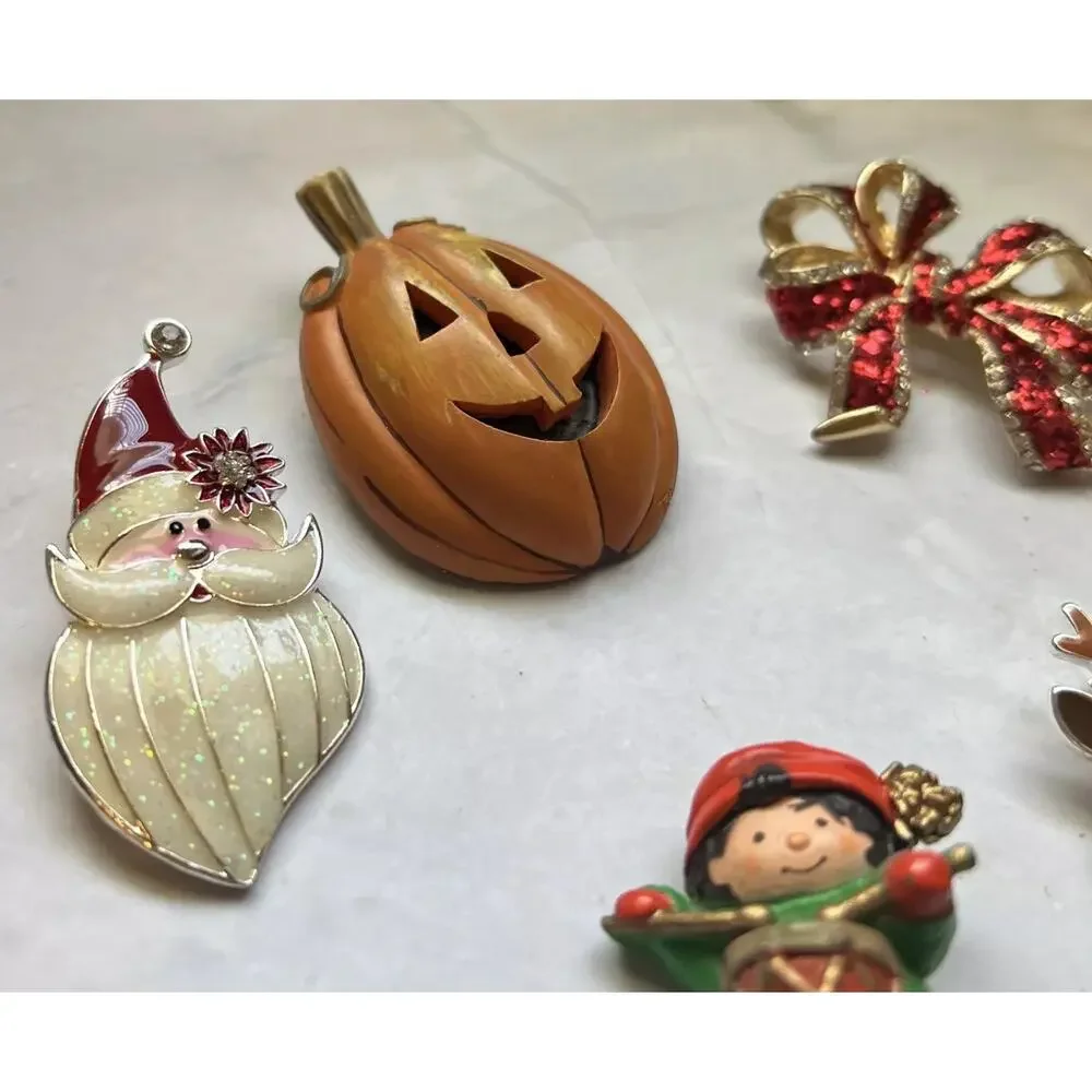 Lot Of 7 Christmas and Halloween brooches and pins preowned